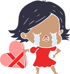 flat color style cartoon girl crying over valentines day present