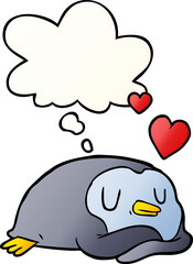cartoon penguin in love and thought bubble in smooth gradient style