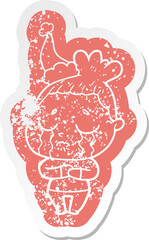 cartoon distressed sticker of a crying woman wearing santa hat
