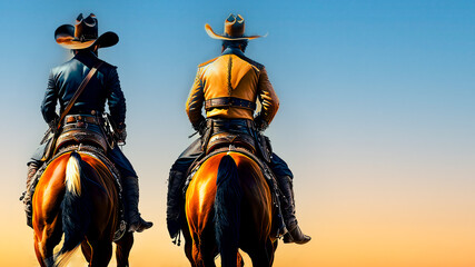 Two cowboys riding horse aways from the camera. illustration, generative ai, generative, ai