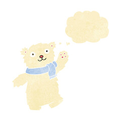 cartoon teddy bear wearing scarf with thought bubble