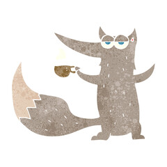 retro cartoon wolf with coffee cup