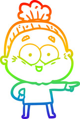 rainbow gradient line drawing cartoon happy old woman