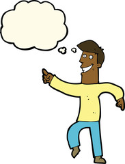 cartoon grinning man with thought bubble