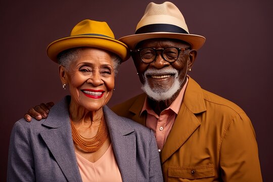 Trendy Attractive Smiling Diverse Senior Mature Elder Couple Isolated On Solid Color Studio Background 