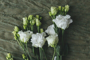 Stylish beautiful white flowers on green fabric background flat lay. Modern floral still life. Spring eustoma bouquet. Happy women's day and mother's day. Wedding concept