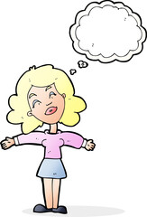 cartoon woman with open arms with thought bubble
