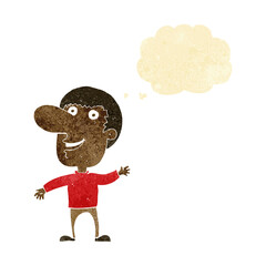 cartoon waving man with thought bubble