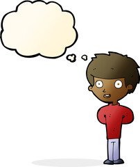 cartoon happy boy with thought bubble