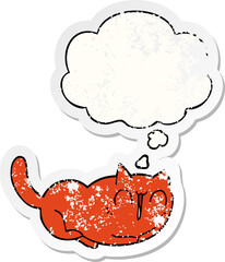 happy cartoon cat and thought bubble as a distressed worn sticker