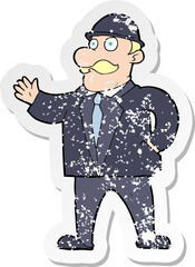 retro distressed sticker of a cartoon sensible business man in bowler hat