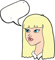 cartoon pretty girl with long hair with speech bubble