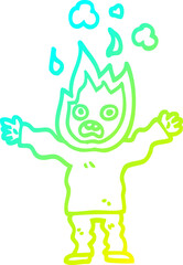 cold gradient line drawing cartoon man with head on fire