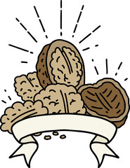 banner with tattoo style walnuts with shell