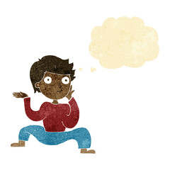 cartoon boy doing crazy dance with thought bubble