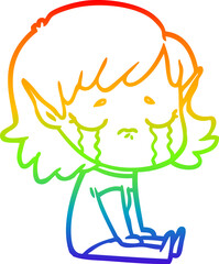 rainbow gradient line drawing cartoon crying elf girl