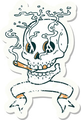 grunge sticker with banner of a skull smoking