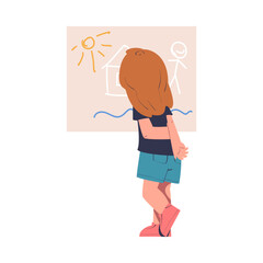 Little Girl Drawing on Wall with Chalk Being at Kindergarden Vector Illustration