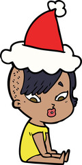 line drawing of a surprised girl wearing santa hat