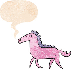 cartoon horse and speech bubble in retro textured style
