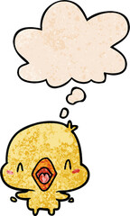 cartoon happy bird and thought bubble in grunge texture pattern style