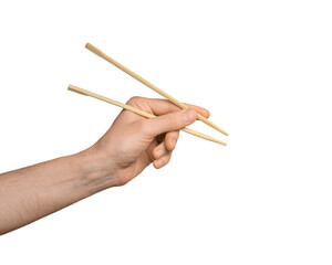 Bamboo sticks for sushi in male hand, isolate