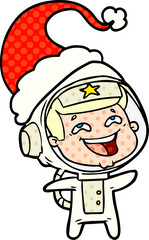 comic book style illustration of a laughing astronaut wearing santa hat