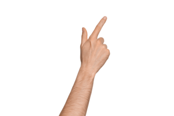A man's hand points the direction with his finger. Points diagonally to the side.  Index finger pressing something. Isolate on a white background.