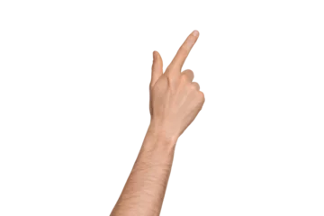Fotobehang A man's hand points the direction with his finger. Points diagonally to the side.  Index finger pressing something. Isolate on a white background. © Snizhana