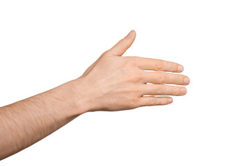 A man's hand tries to say hello or shows to the side with his hand, palm. Isolate on a white background.