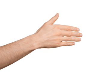 A man's hand tries to say hello or shows to the side with his hand, palm. Isolate on a white background.