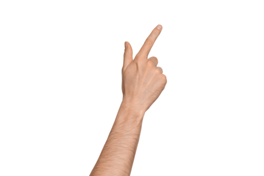 A man's hand points the direction with his finger. Points diagonally to the side.  Index finger pressing something. Isolate on a white background.