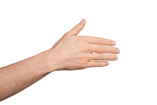 A man's hand tries to say hello or shows to the side with his hand, palm. Isolate on a white background.