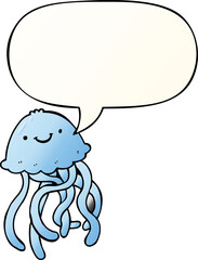 cartoon happy jellyfish and speech bubble in smooth gradient style