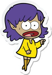 sticker of a cartoon shocked elf girl pointing