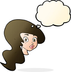 cartoon pretty female face with thought bubble