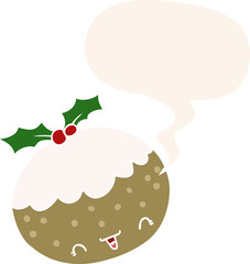 cute cartoon christmas pudding and speech bubble in retro style