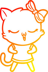 warm gradient line drawing cartoon cat with bow on head