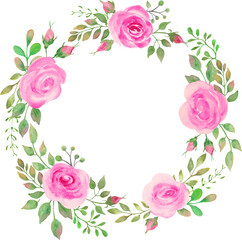 Watercolor floral round wreath  with pink roses flowers, green leaves,  branches.  Hand drawing illustration isolated on white background. Vector EPS.