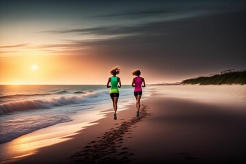 Fototapeta na wymiar Two women are running on a sandy beach next to the waves of a sea while the sunset