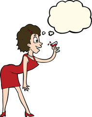 cartoon woman with drink with thought bubble