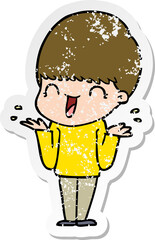 distressed sticker of a happy cartoon boy