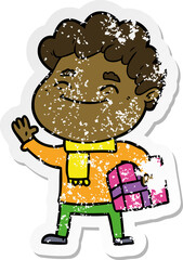 distressed sticker of a cartoon friendly man