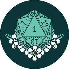 natural one dice roll with floral elements icon