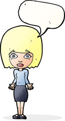 cartoon woman shrugging shoulders with speech bubble