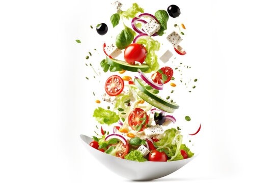 Delicious Tasty Greek Salad Falling in a Bowl. Healthy Food, Fresh Vegetables with Sauce Isolated on a white Background. Generative AI. 