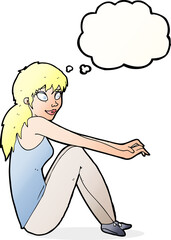 cartoon happy woman sitting with thought bubble
