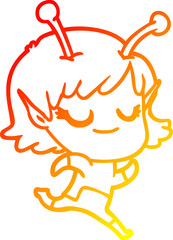 warm gradient line drawing smiling alien girl cartoon running