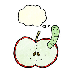 cartoon apple with worm with thought bubble