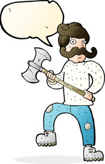 cartoon man with axe with speech bubble